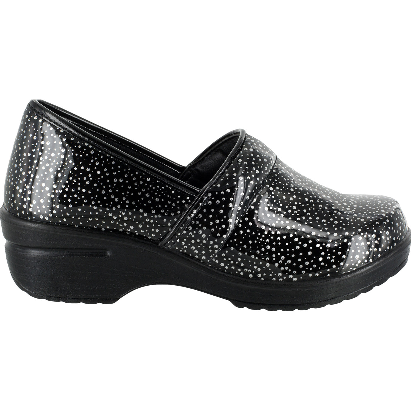 Easy WORKS by Easy Street Lyndee Black Raindrops Women's Slip-Resistant Patent Slip-On Work Shoe - profile