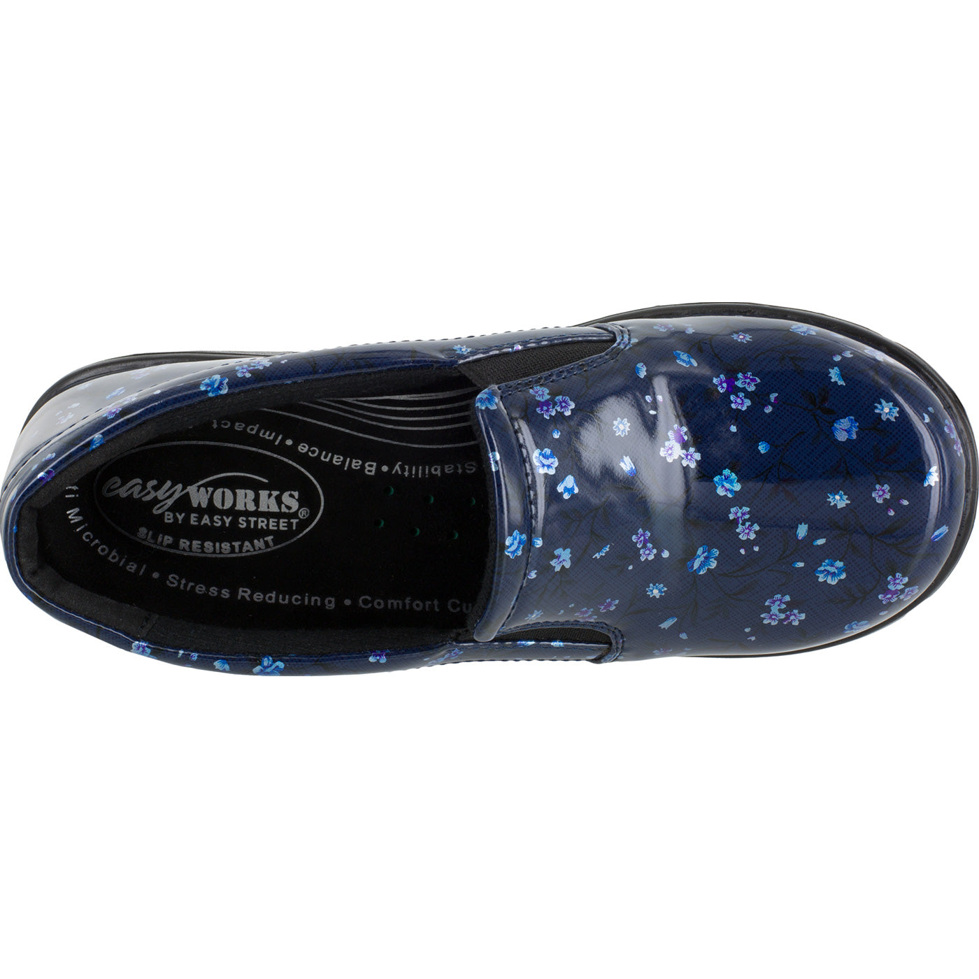 Easy WORKS by Easy Street Leeza Navy Floral Women's Slip-Resistant Patent Slip-on Work Shoe - birdseye