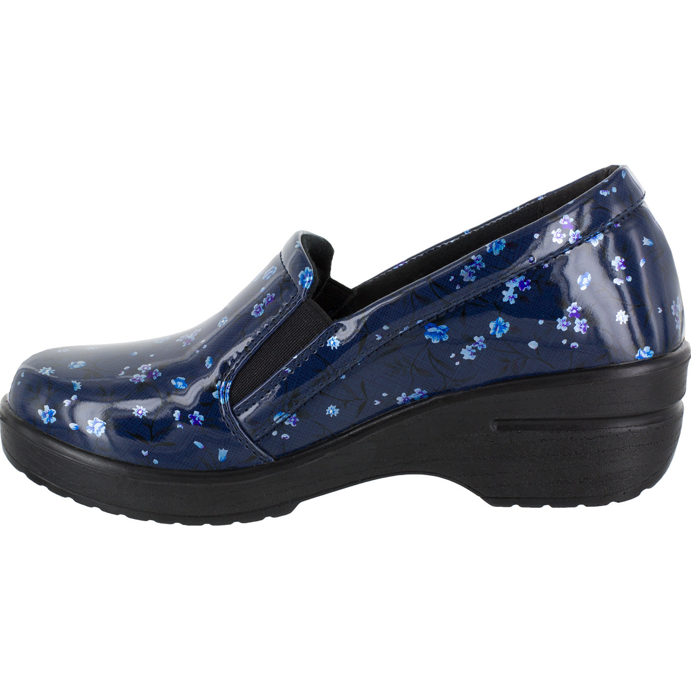 Easy WORKS by Easy Street Leeza Navy Floral Women's Slip-Resistant Patent Slip-on Work Shoe - profile