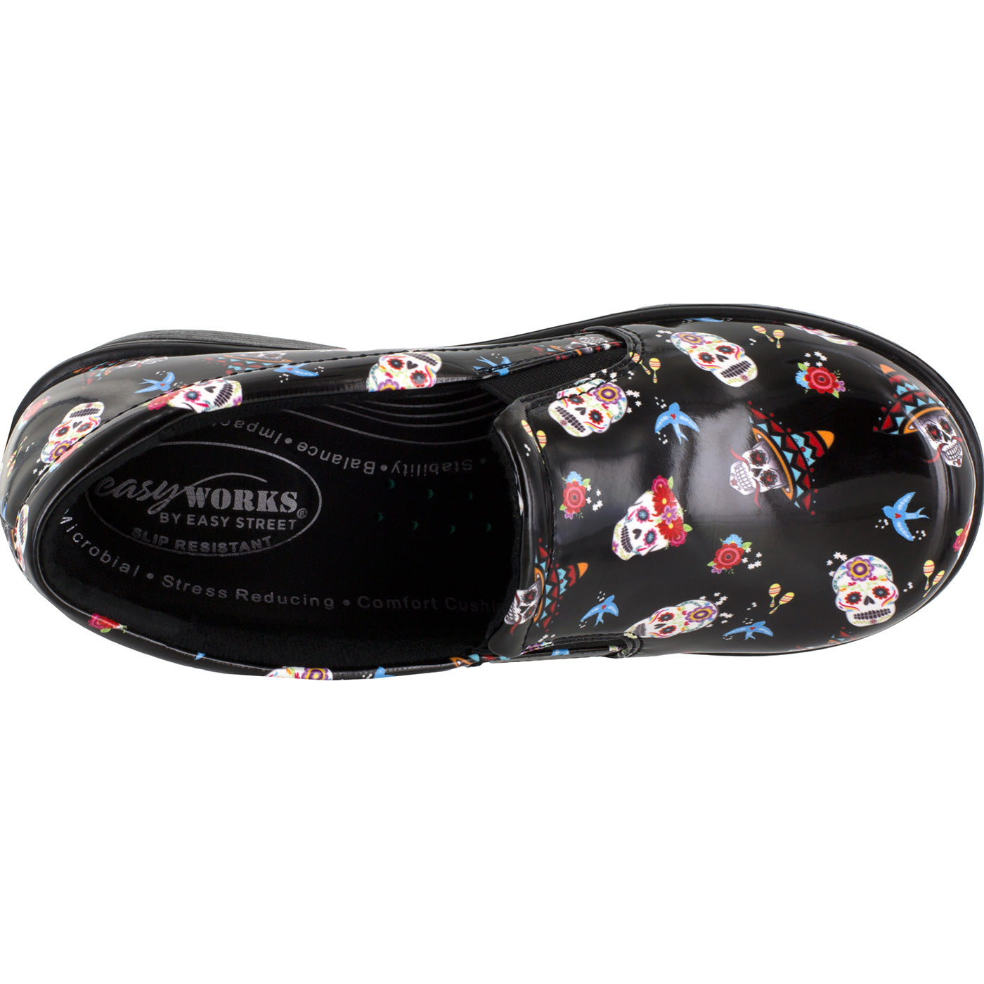 Easy WORKS by Easy Street Leeza Festive Skulls Women's Slip-Resistant Patent Slip-On Shoe - birdseye