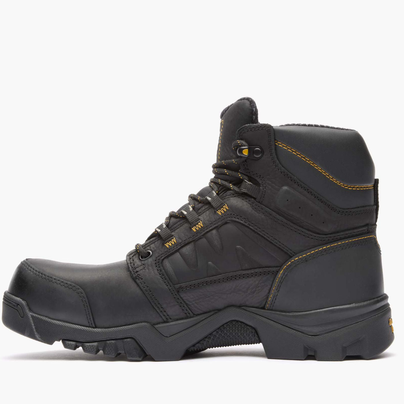 Black hiking boot with yellow stitching on a white background