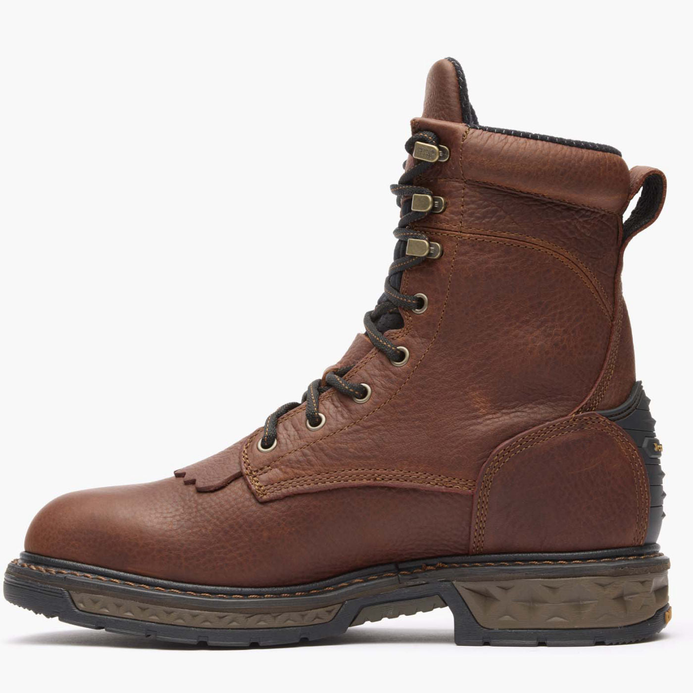 Brown leather boot with laces on a white background