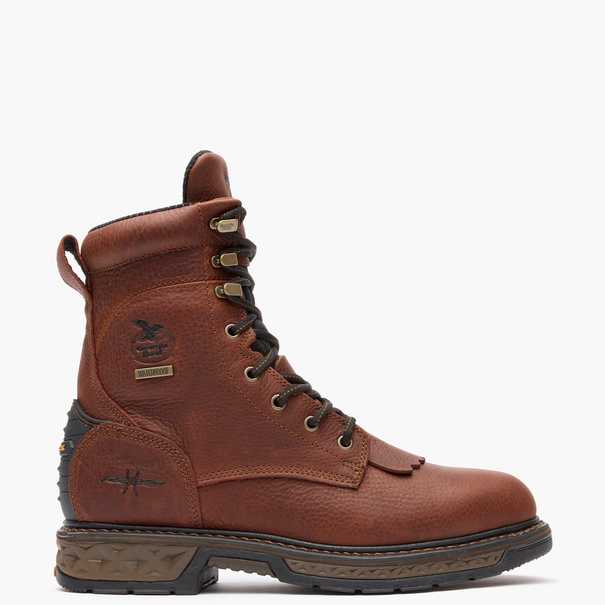 Brown leather boot with visible brand logo on a white background