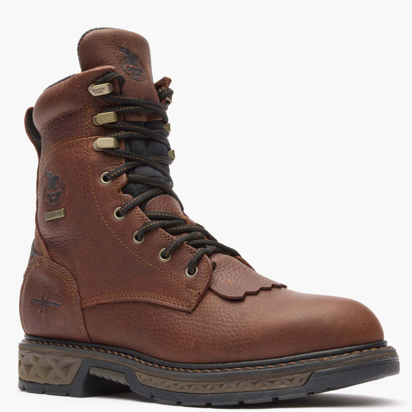 Brown leather boot with black laces on a white background
