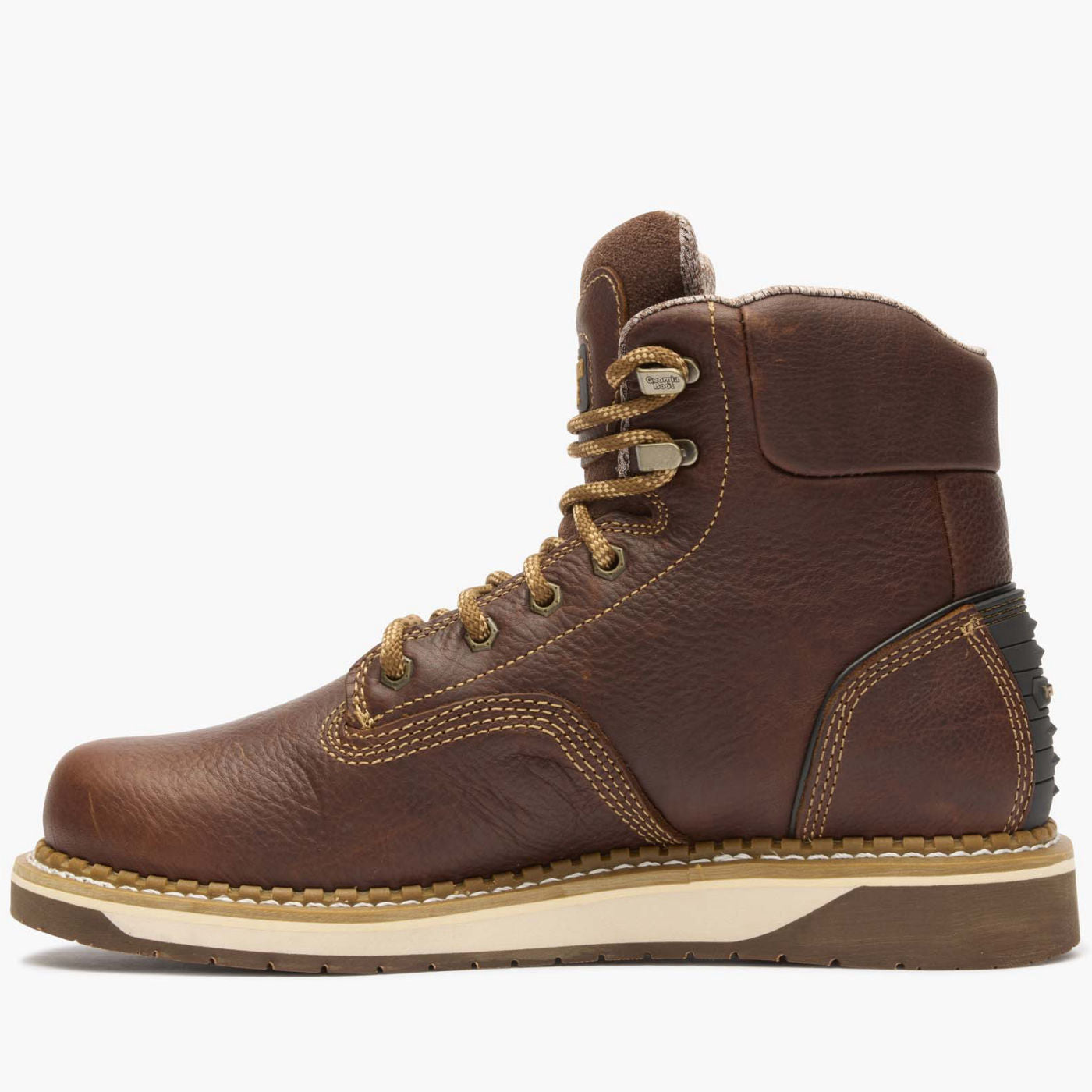 Brown leather boot with white sole on a white background