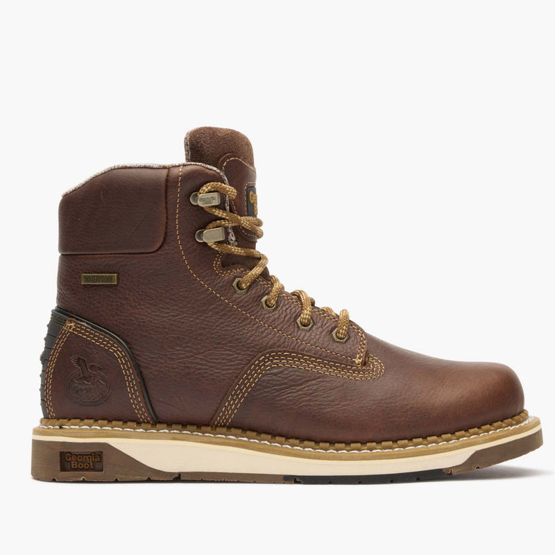 Brown leather boot with white sole on a white background