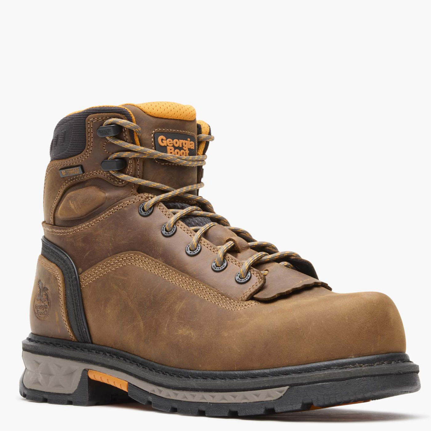 Brown work boot with visible brand logo on a white background