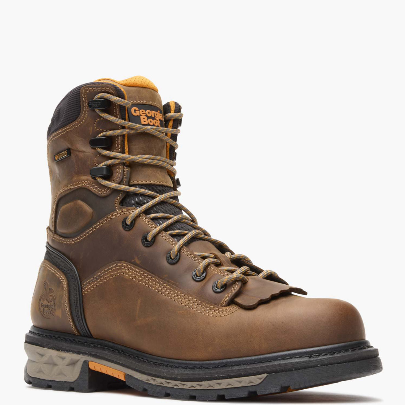 Brown work boot with laces on a white background
