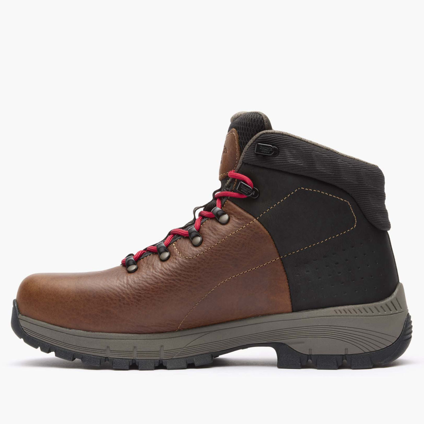 Brown and black hiking boot with red laces on a white background