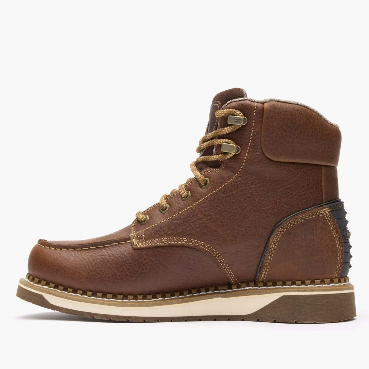 Brown leather boot with white sole on a white background