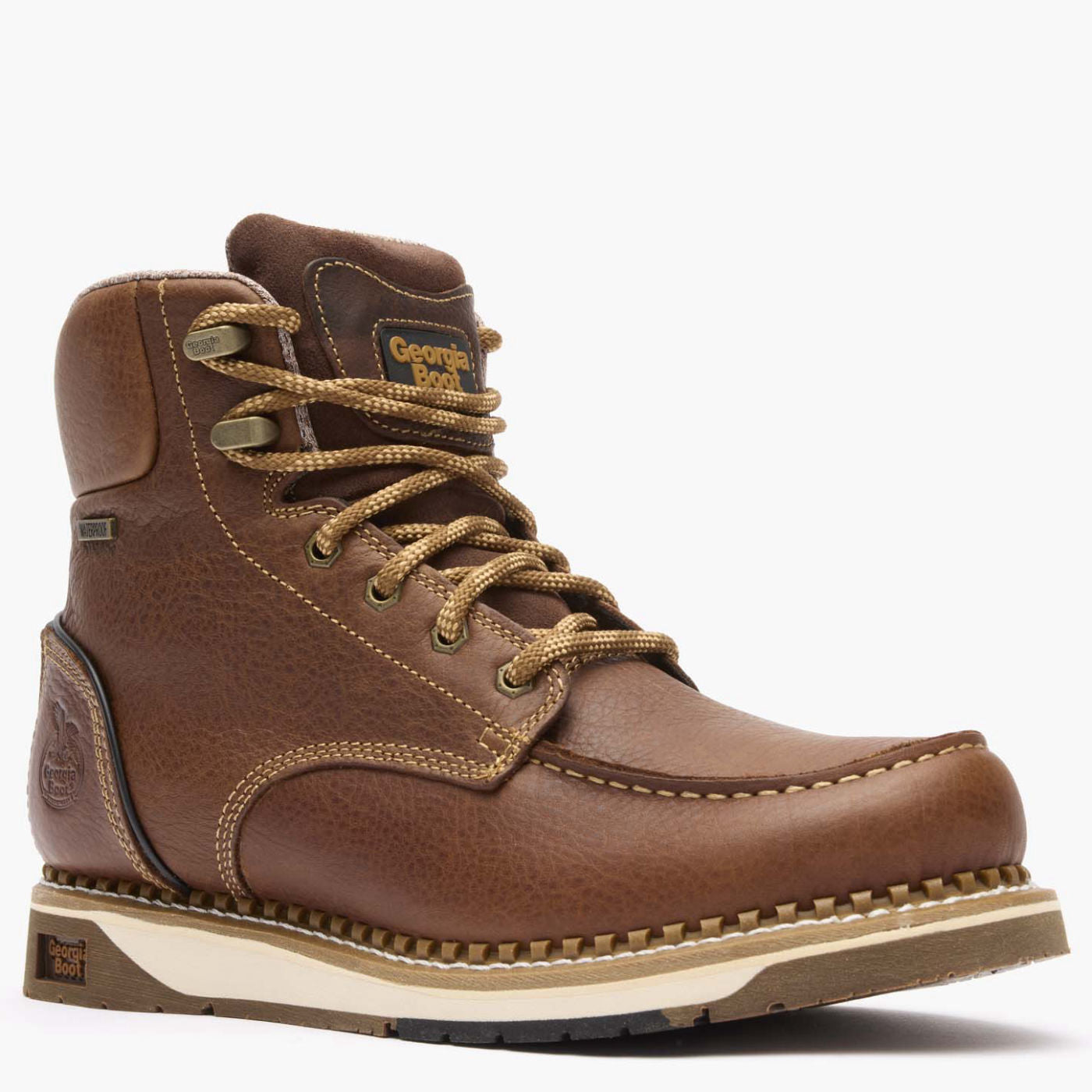 Brown leather boot with laces on a white background