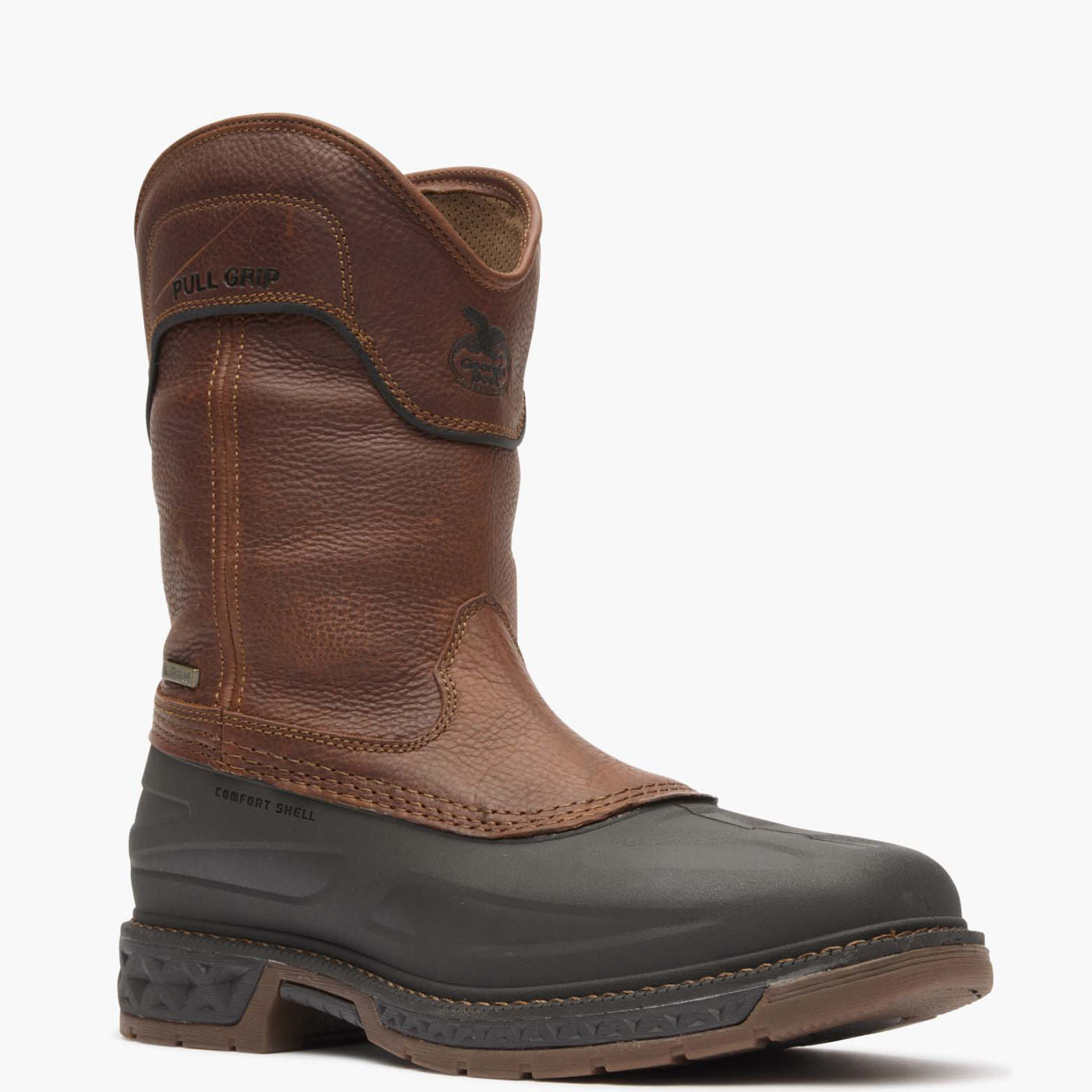 Brown and black work boot on a white background