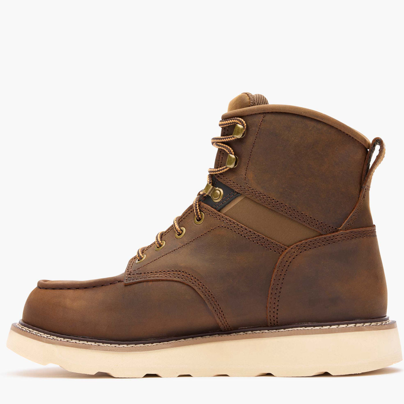 Brown leather boot with beige sole on a white background
