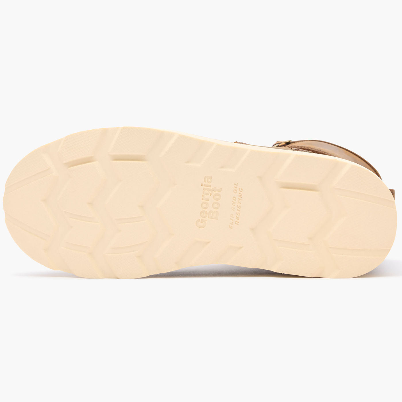 Close-up of a beige shoe sole with brand name on a white background