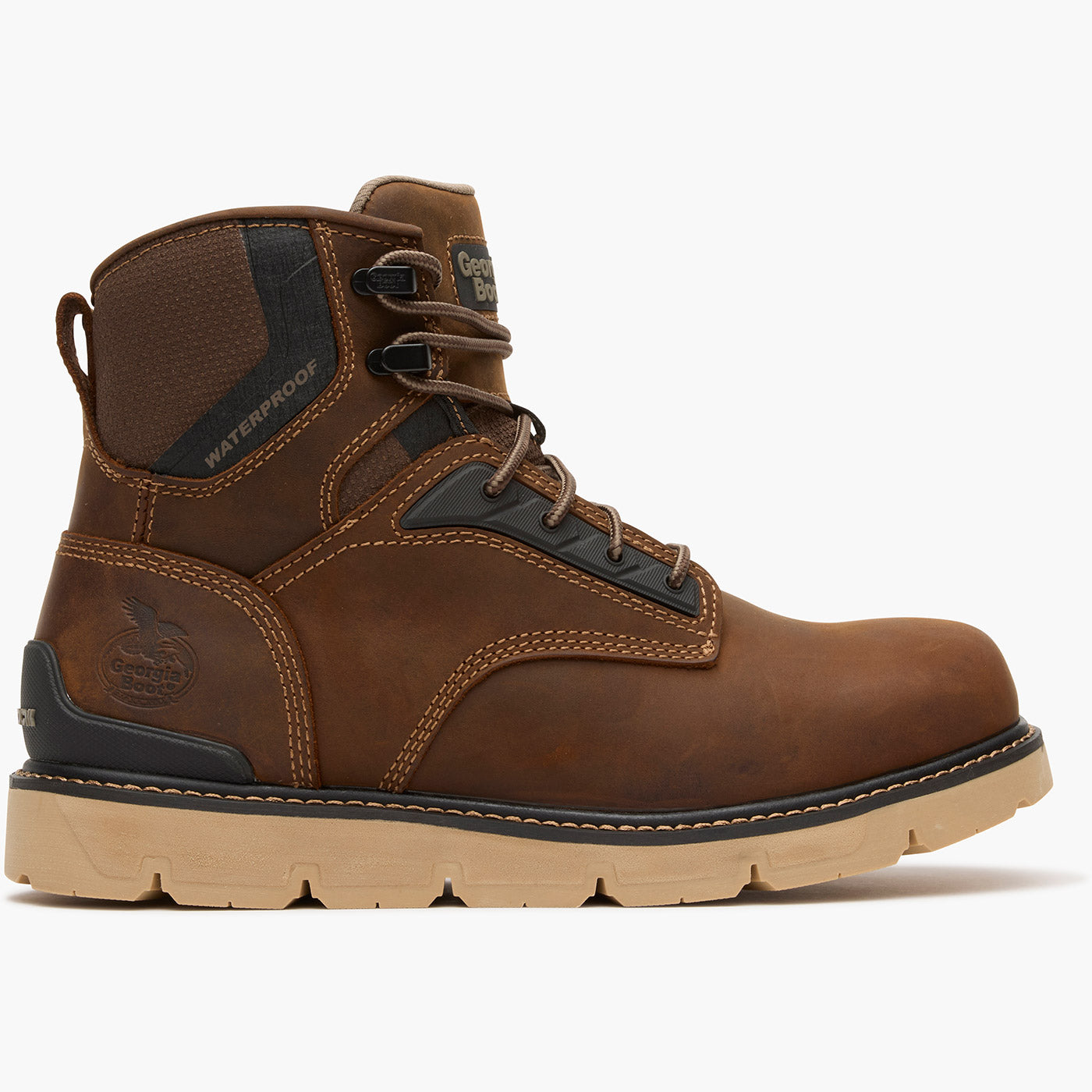 Brown leather boot with black accents on a white background