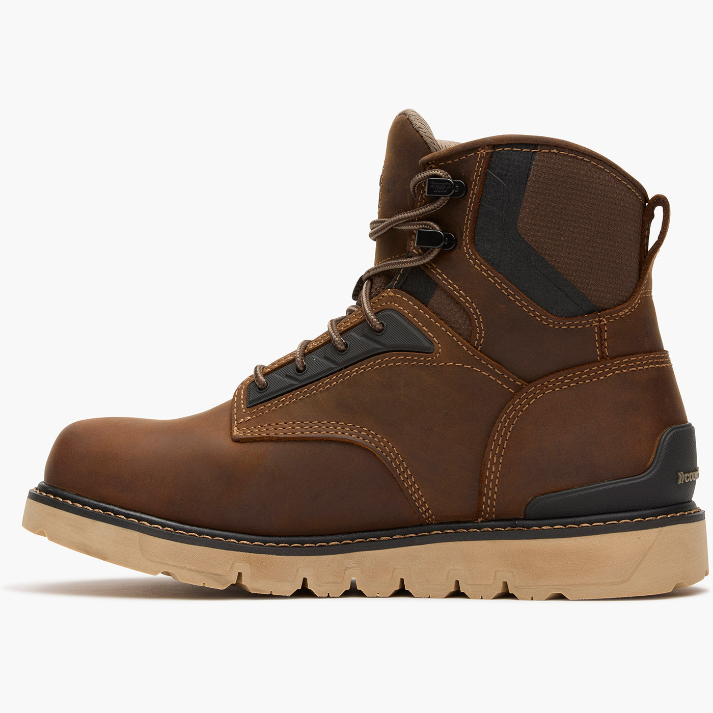 Brown leather boot with black accents on a white background