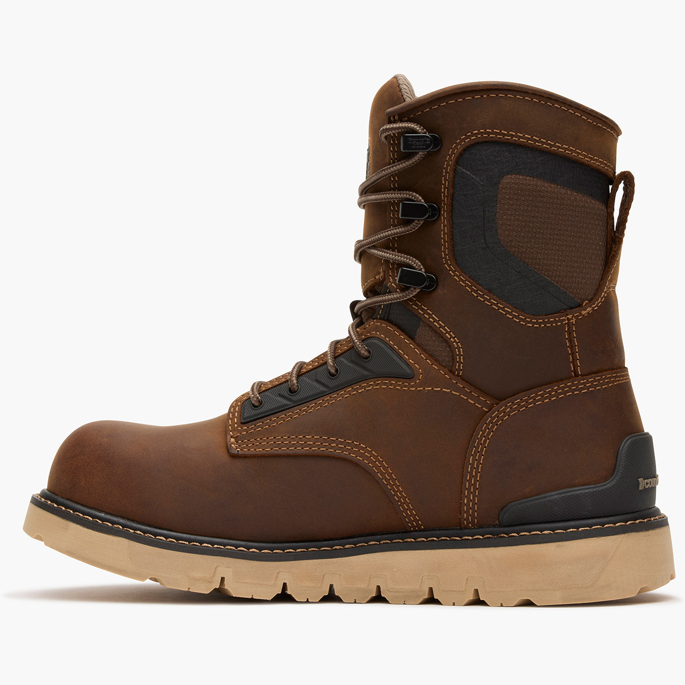 Brown work boot with black accents on a white background