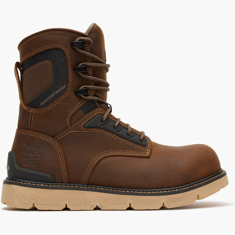 Brown work boot with visible brand logo on a white background