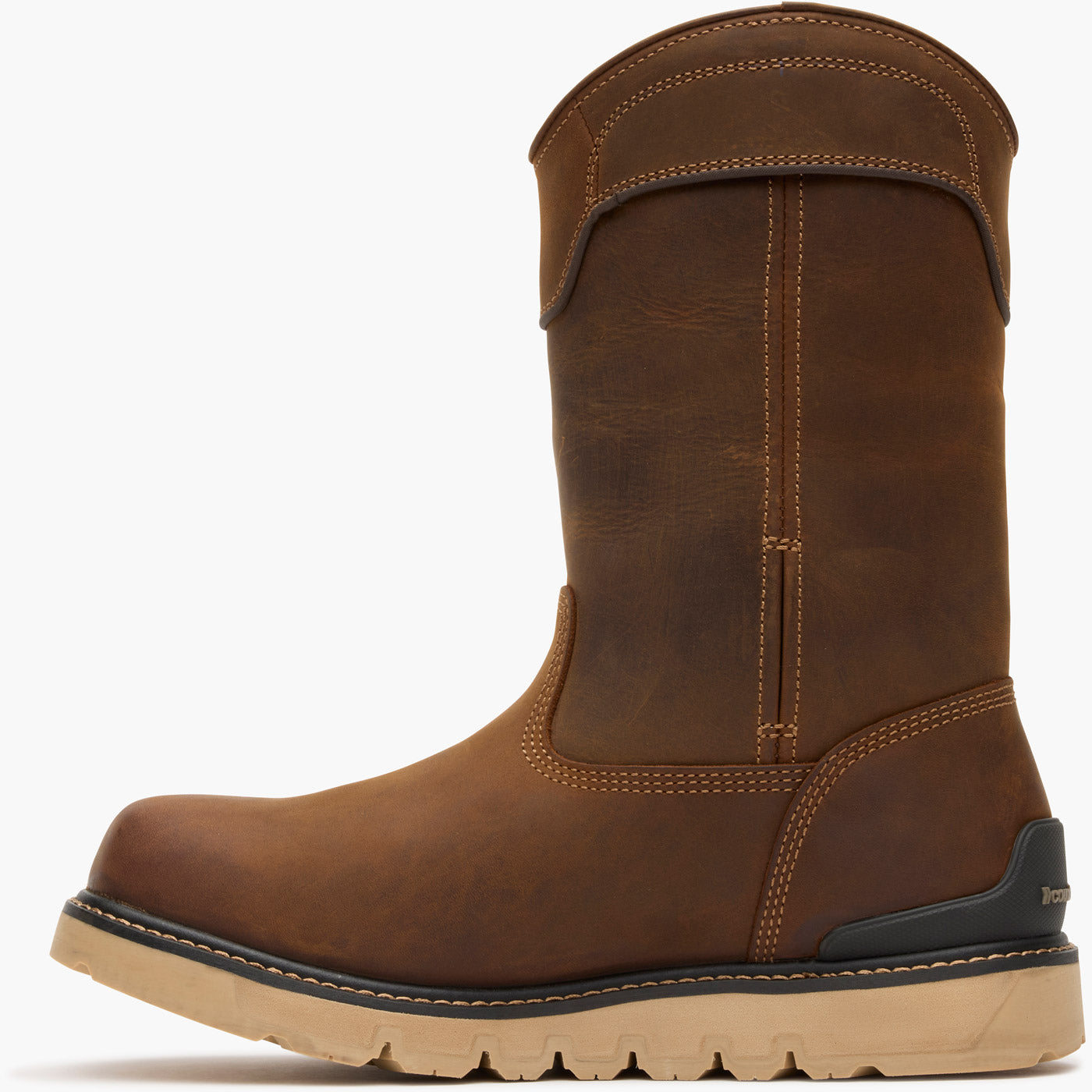 Brown leather boot with a white background
