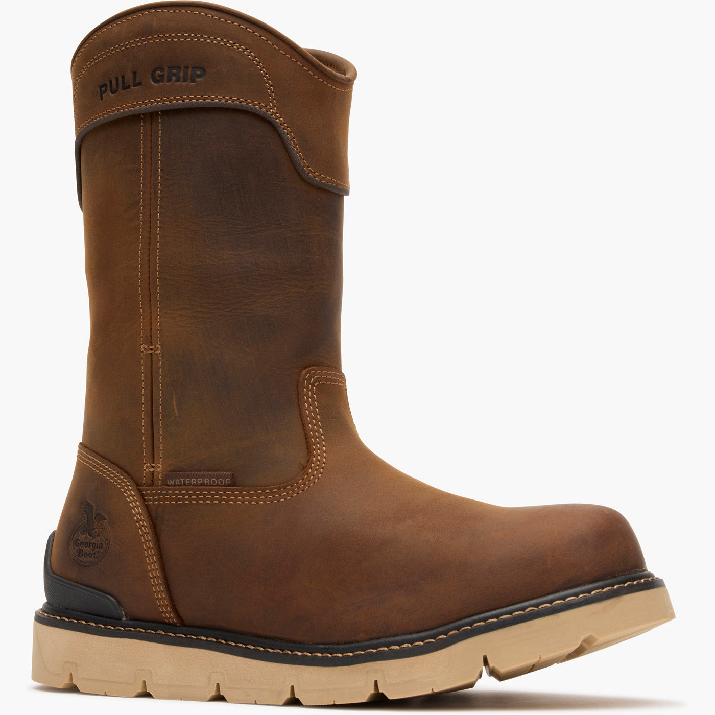 Brown work boot with 'Full Grip' label on a white background