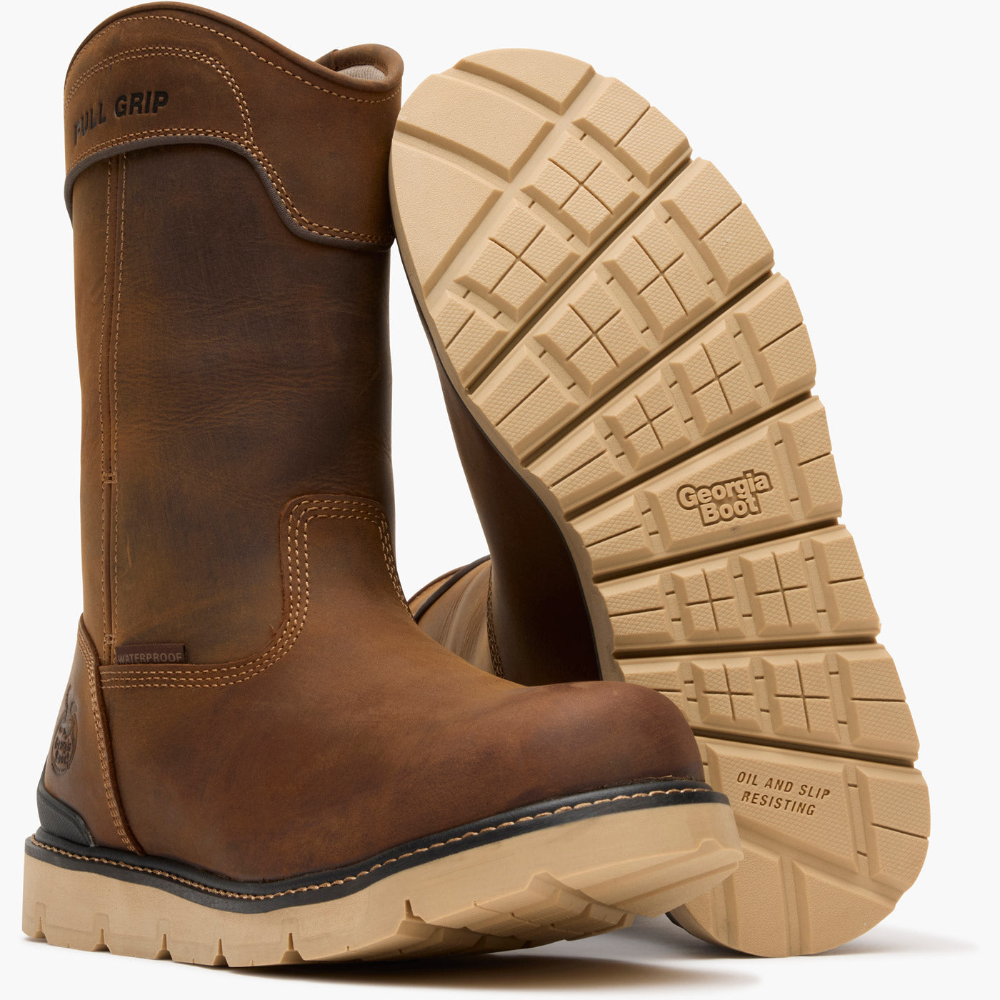 Brown boot with a close-up of the sole on a white background