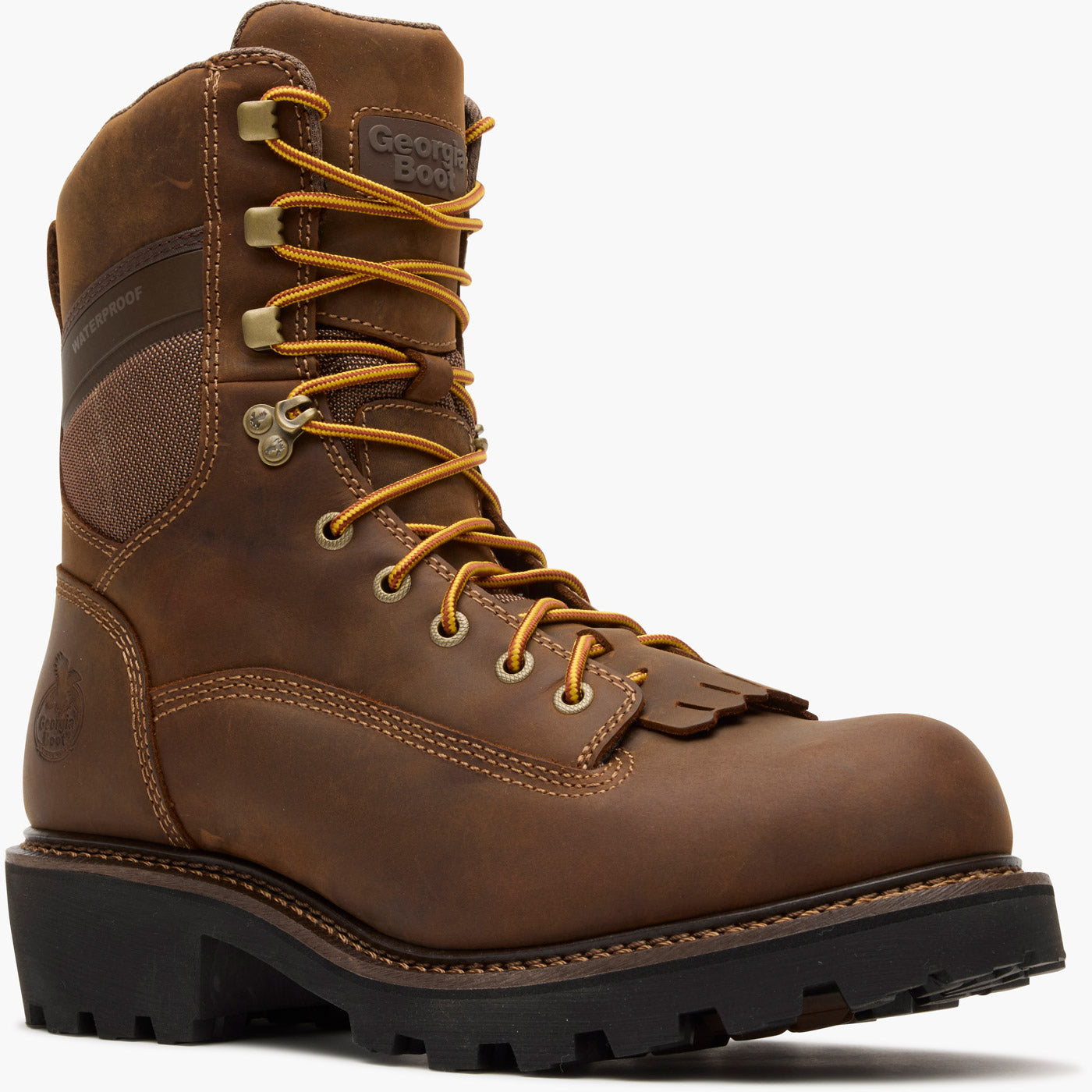 Brown work boot with yellow laces on a white background