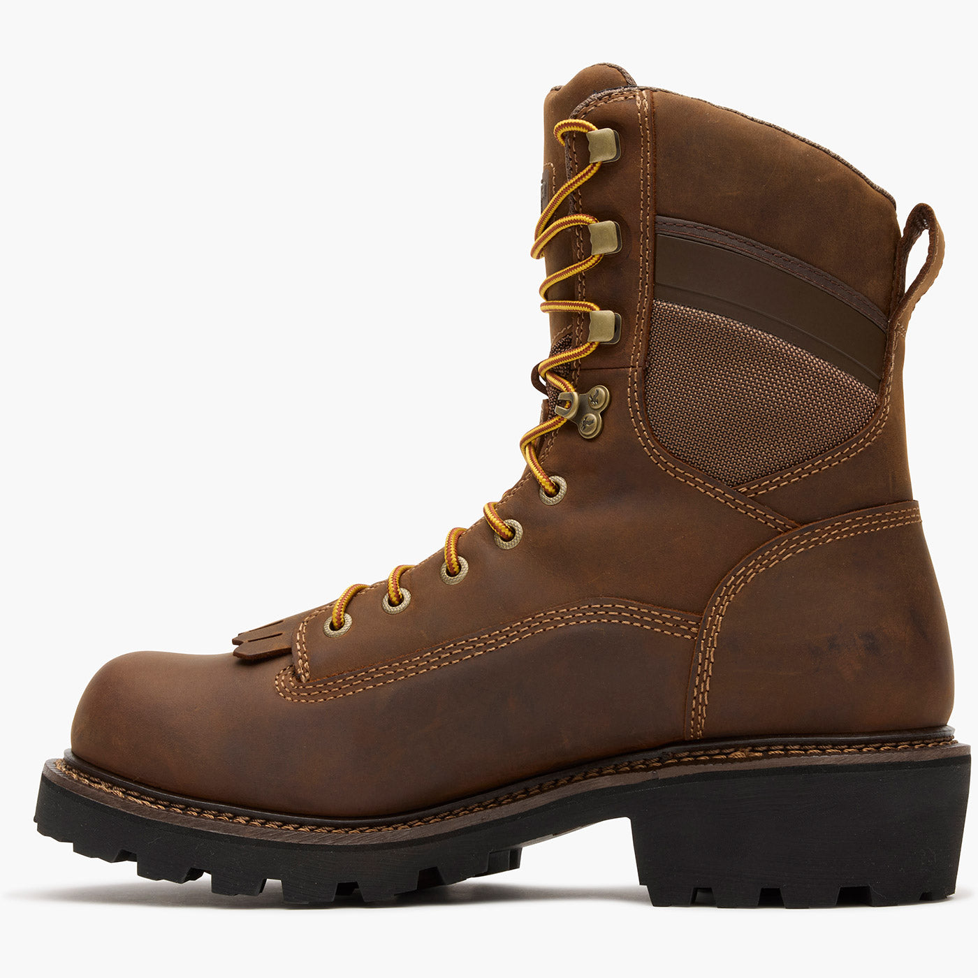 Brown leather boot with yellow laces on a white background