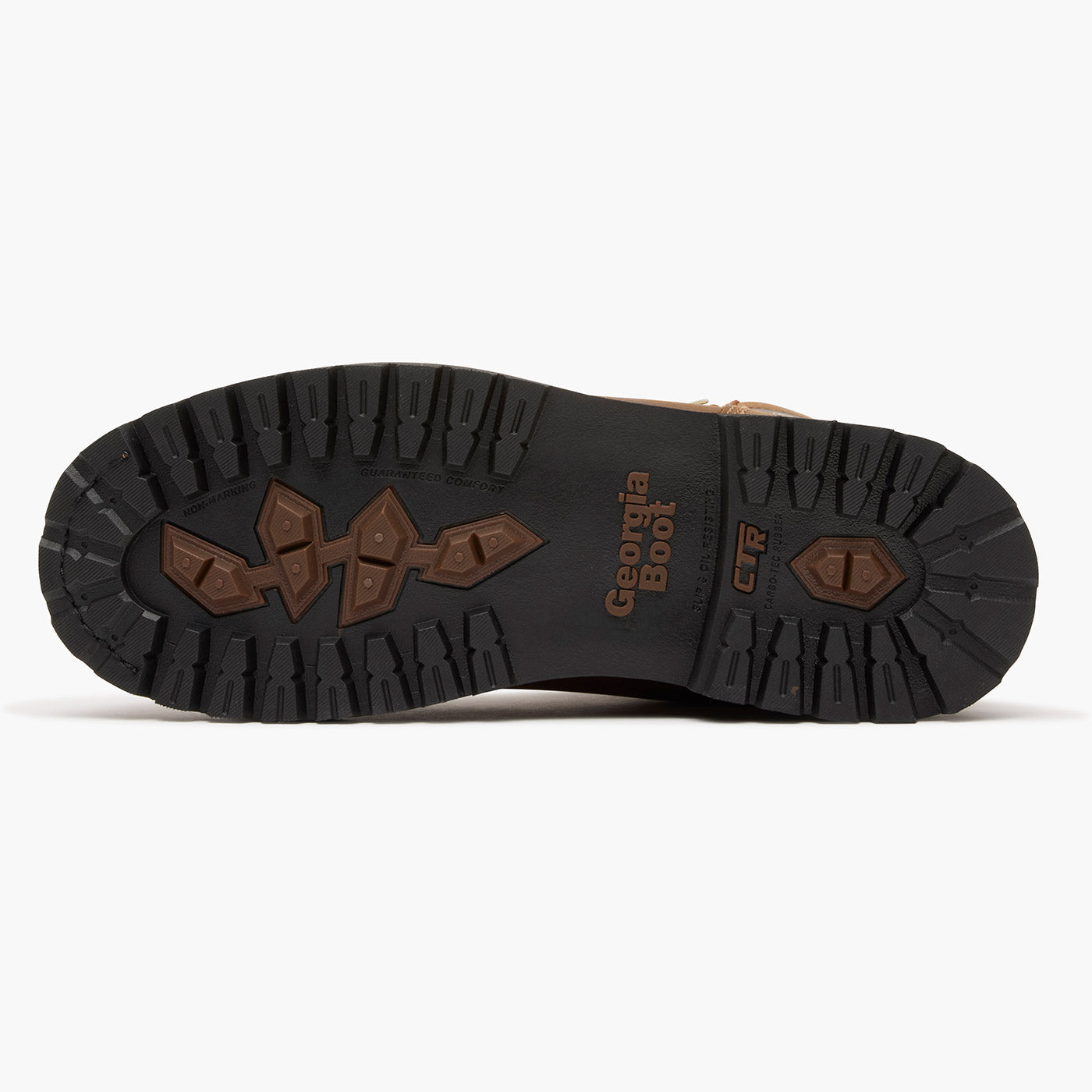 Close-up of a boot sole with 'Georgia Boot' branding on a white background