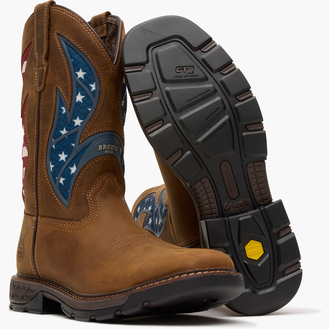 Brown work boot with American flag design and black sole on a white background