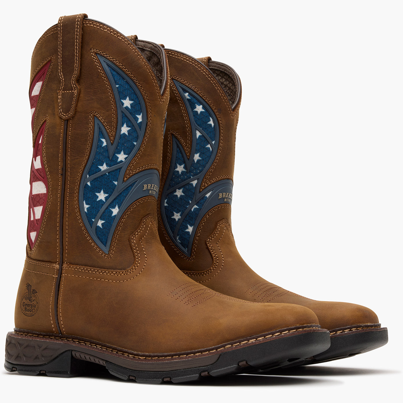 Brown work boots with American flag design on a white background