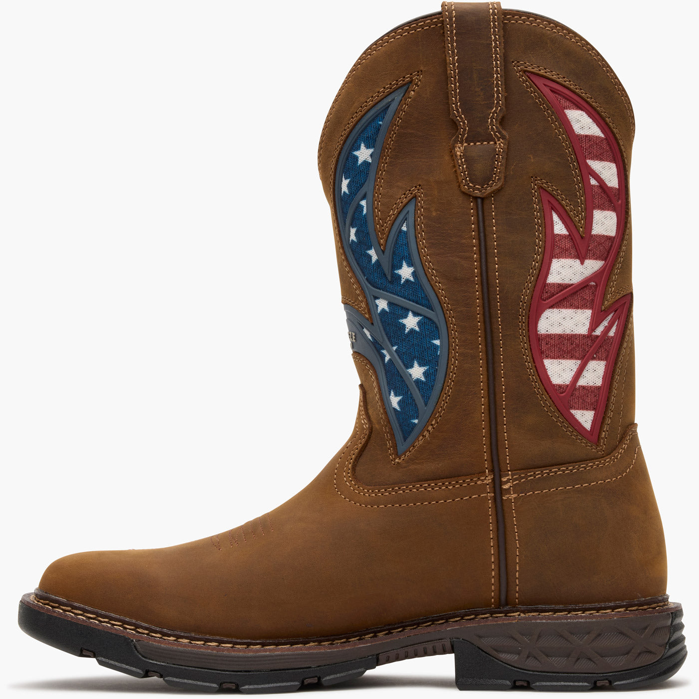 Brown cowboy boot with American flag design on a white background