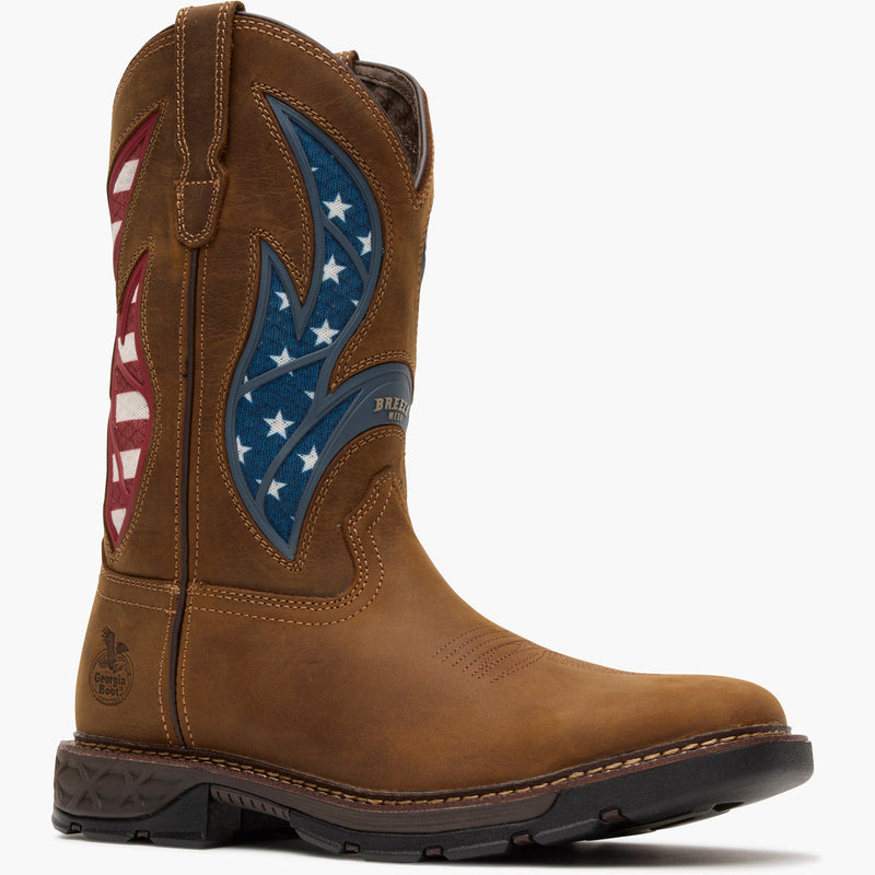 Brown boot with American flag design on a white background