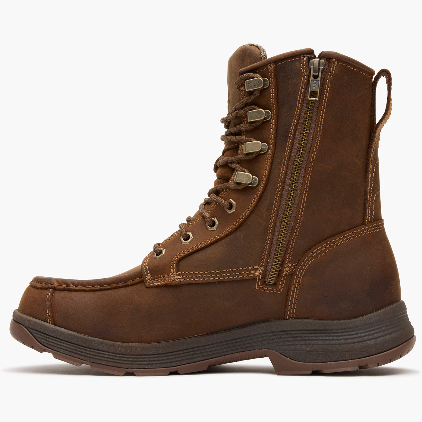 Brown leather boot with a zipper on a white background