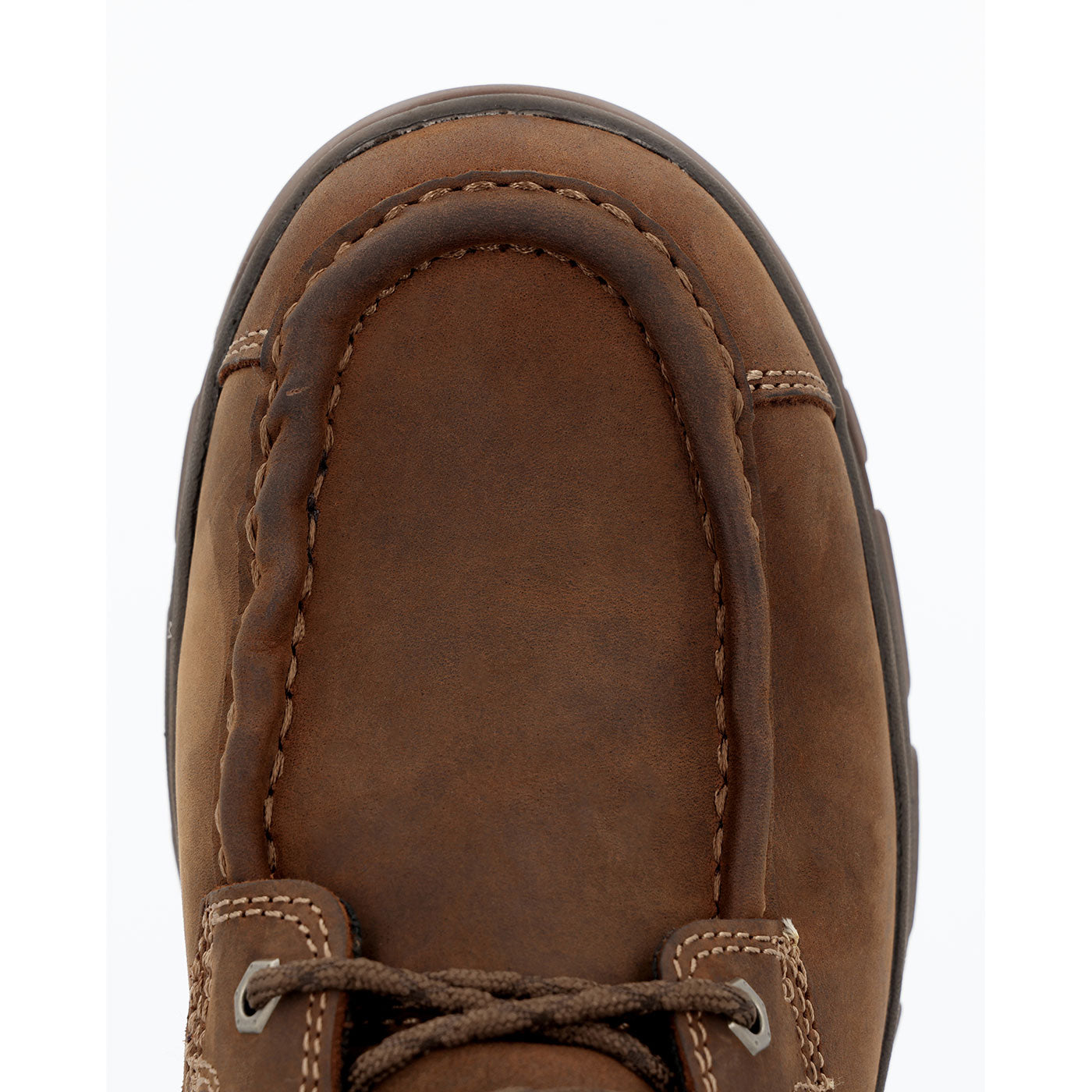 Brown leather shoe with visible stitching on a white background