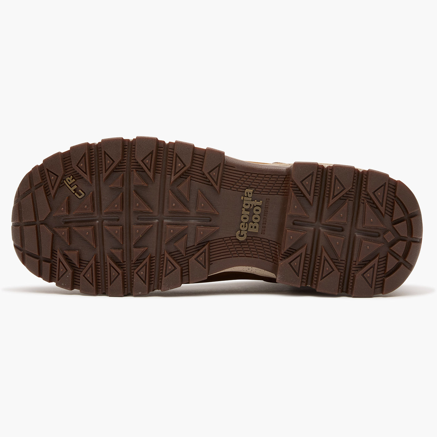 Brown boot sole with geometric tread pattern on a white background