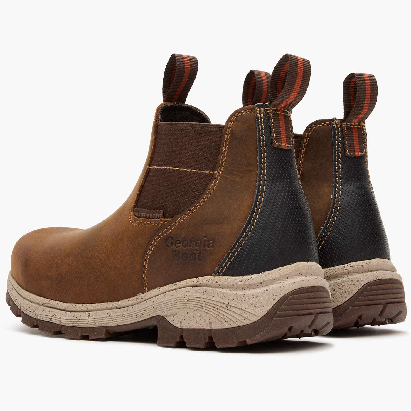 Pair of brown and black boots with 'Georgia Boot' branding on a white background