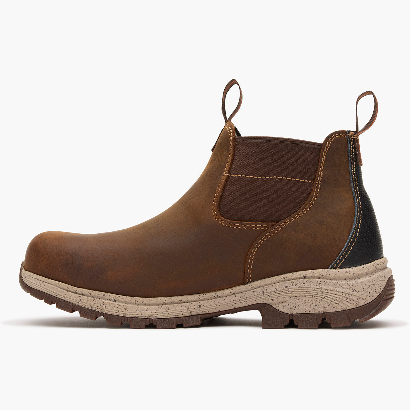 Brown leather boot with a white sole on a white background