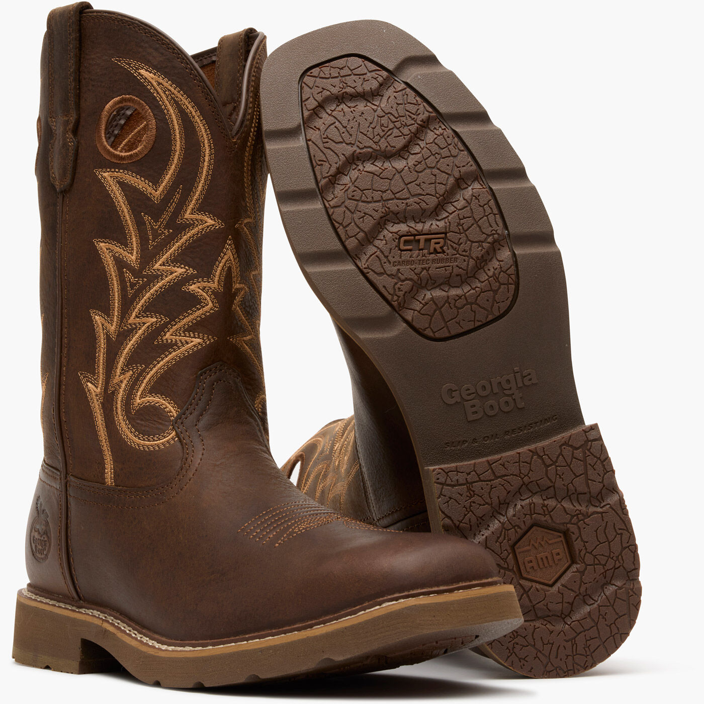 Brown leather boot with detailed stitching and Georgia Boot branding on a white background