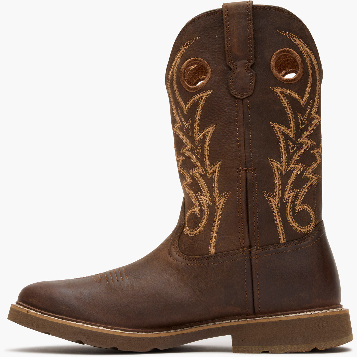 Brown cowboy boot with intricate stitching on a white background