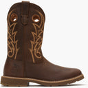 Brown cowboy boot with intricate stitching on a white background