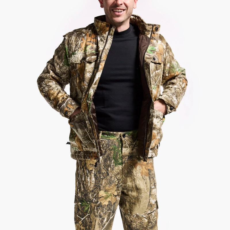 Man wearing a camouflage jacket and pants on a white background