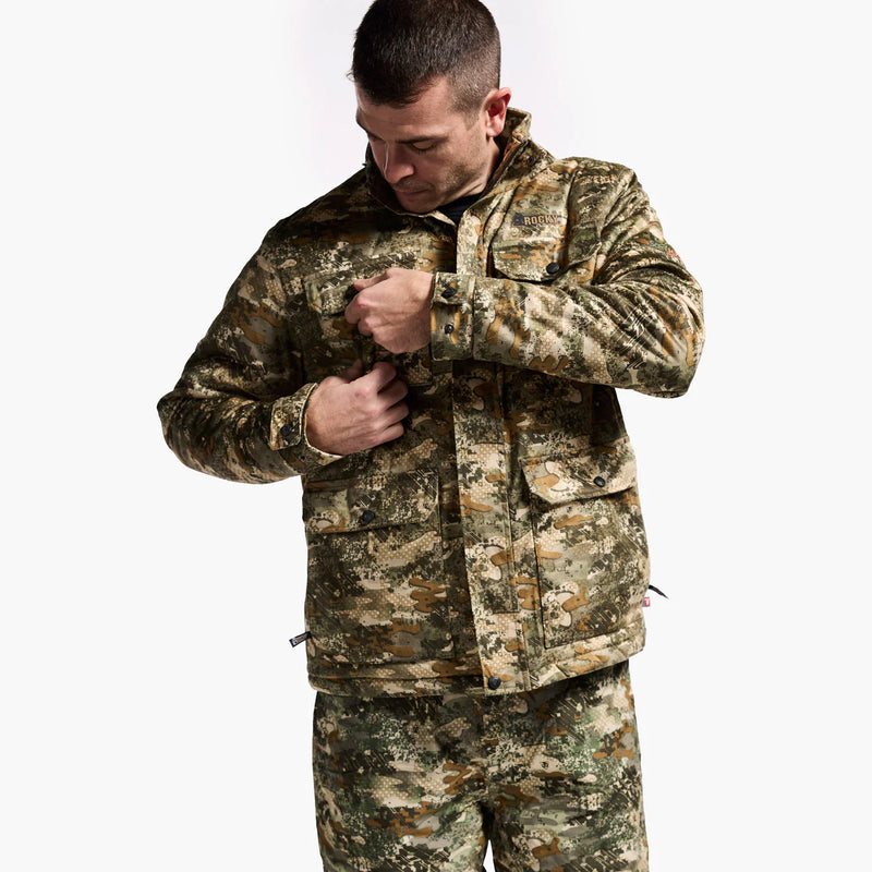 Person wearing a camouflage military uniform on a white background
