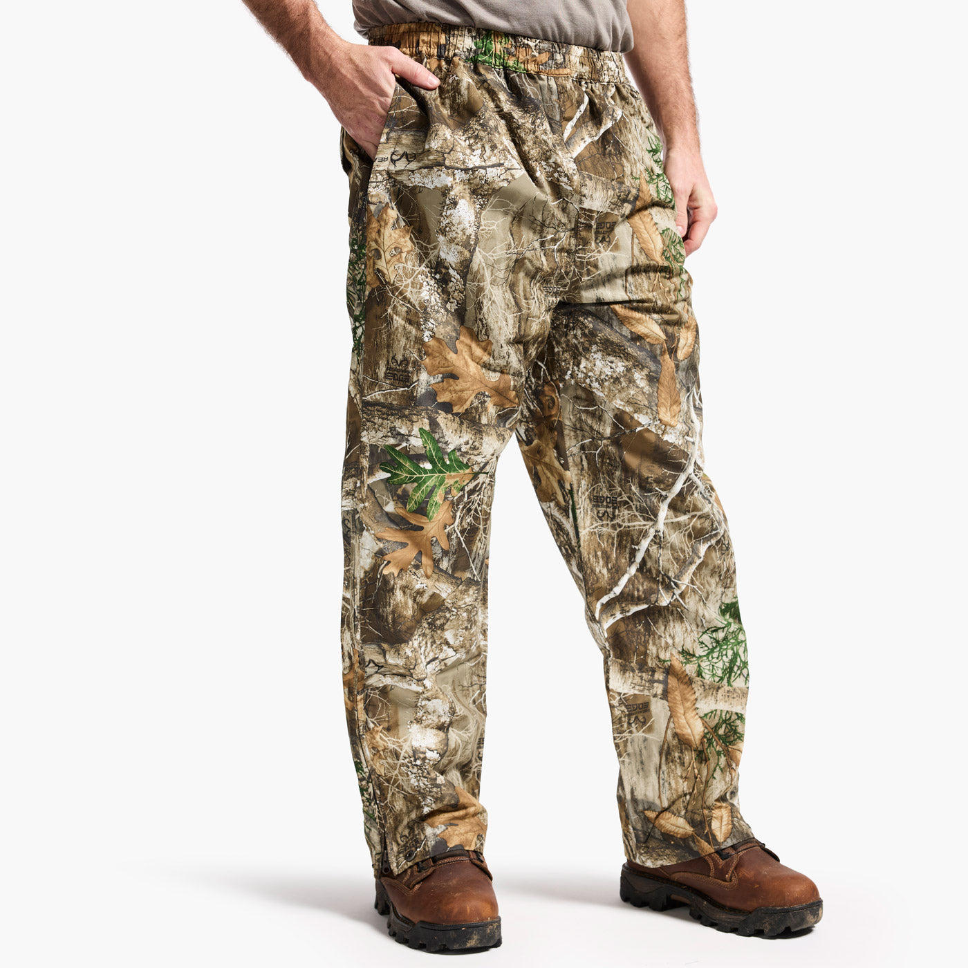 Camouflage pants worn by a person on a white background