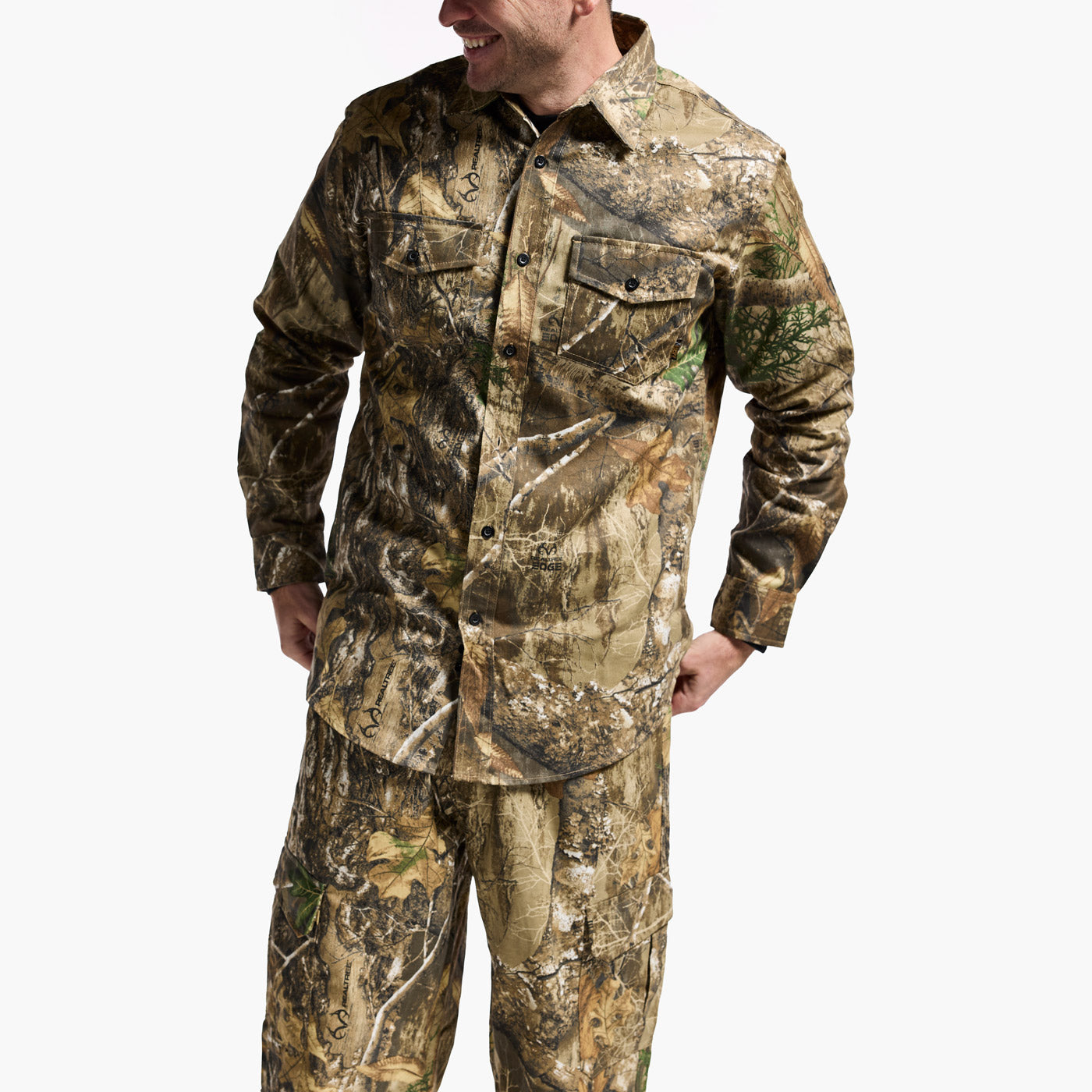 Camouflage hunting outfit on a white background