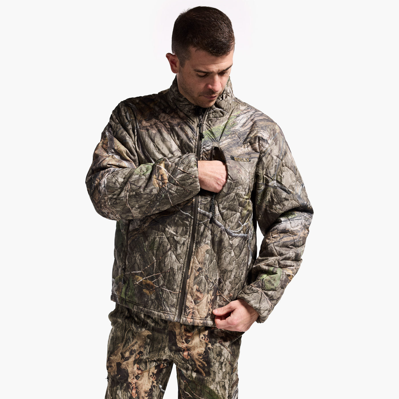 Man wearing a camouflage jacket and pants on a white background