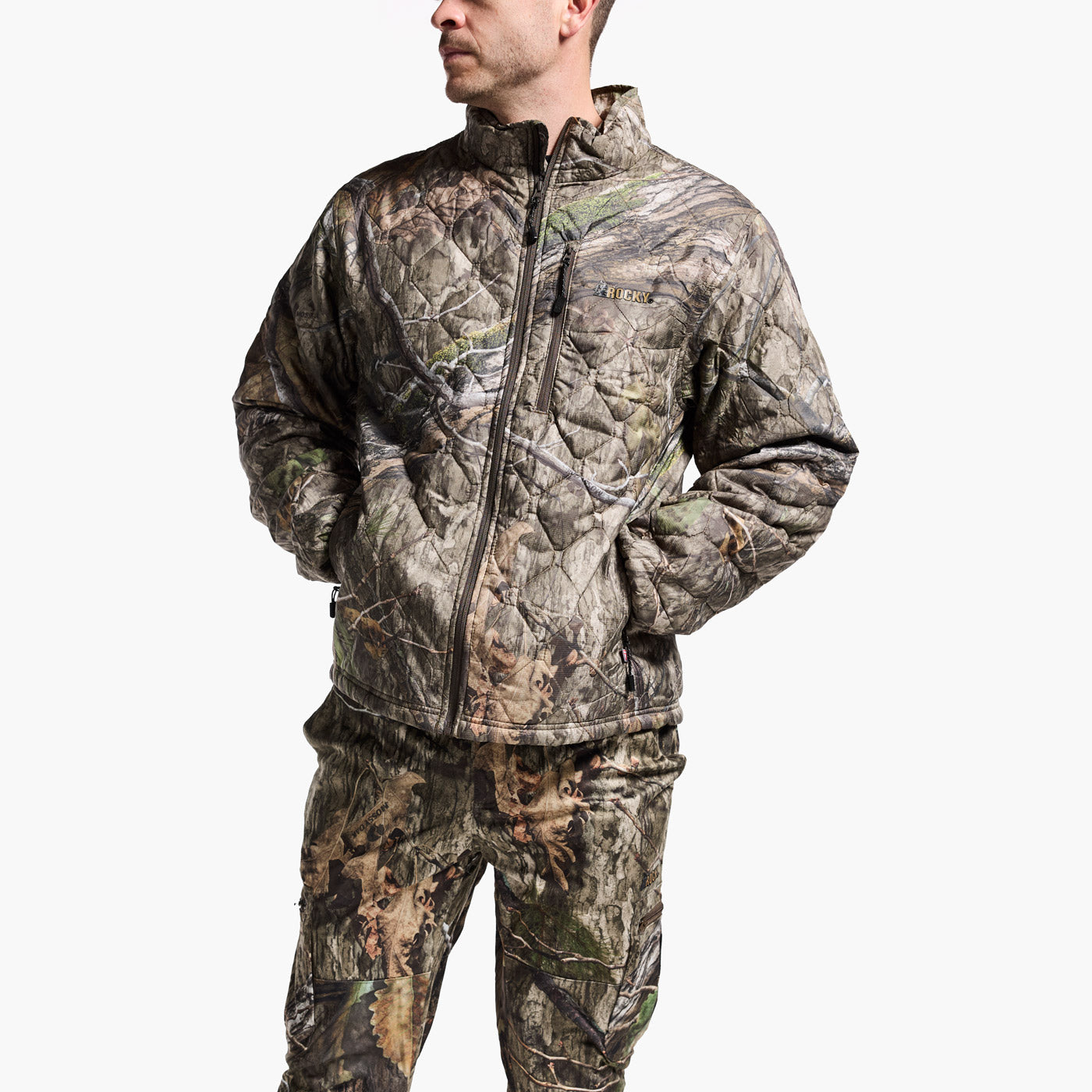 Person wearing a camouflage jacket and pants on a white background