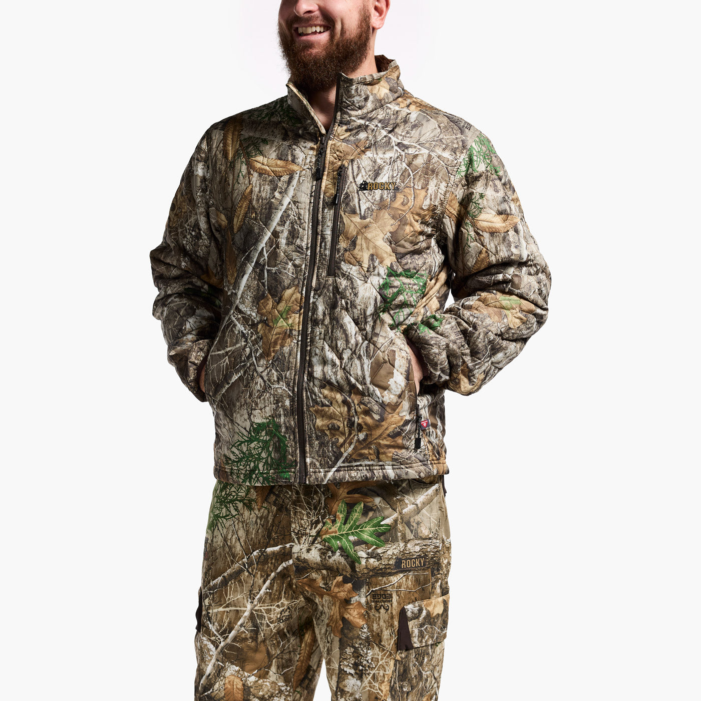 Man wearing a camouflage jacket and pants on a white background