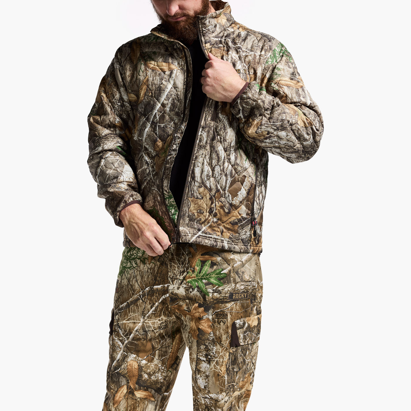 Person wearing a camouflage jacket and pants on a white background