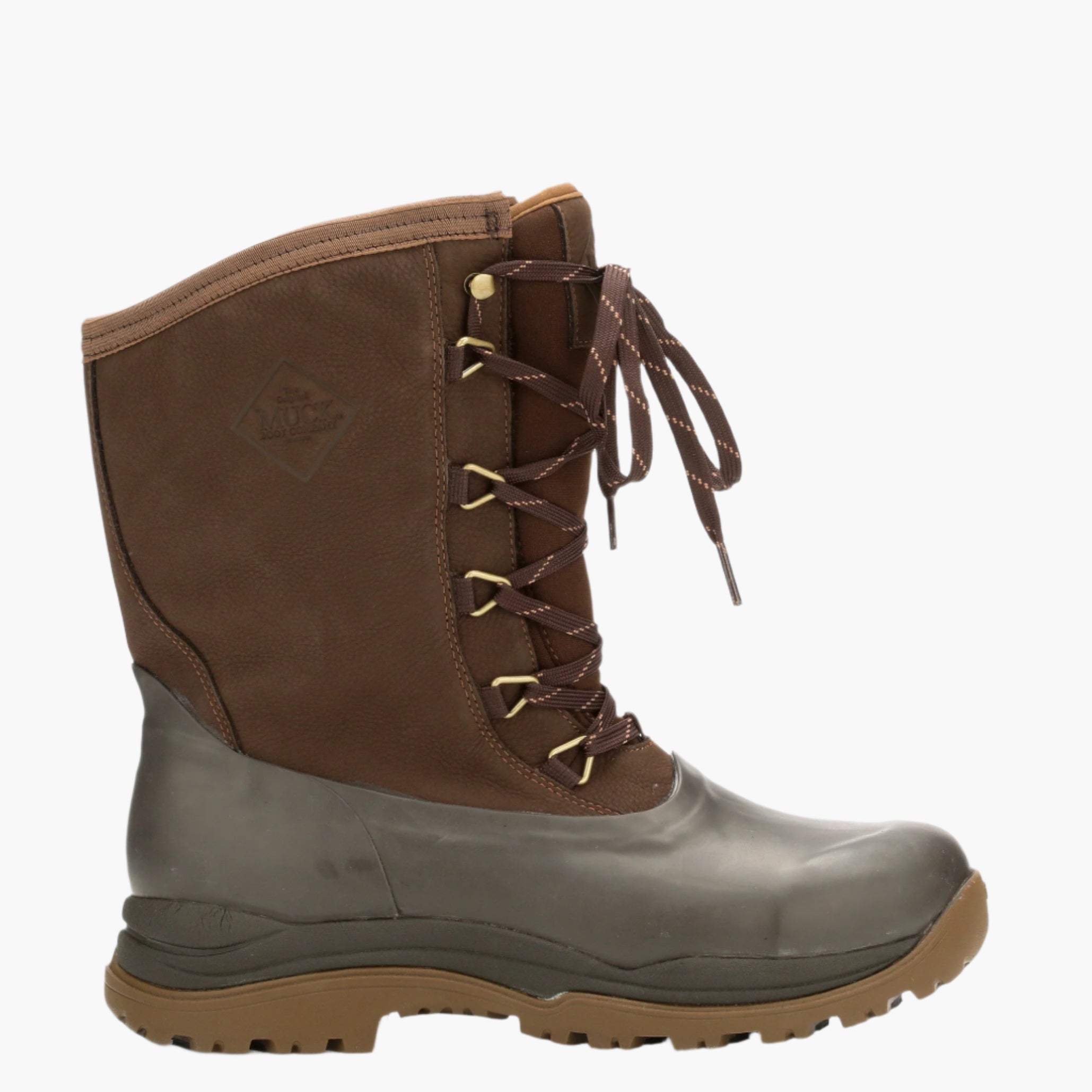Brown and gray boot with lace-up design on a white background