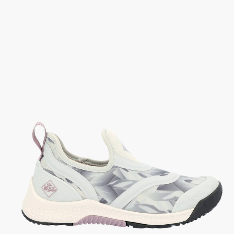 Light gray slip-on shoe with floral pattern on a white background